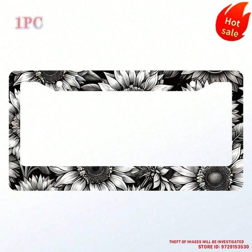 Personalized Black And White Floral Car License Plate Frame, Includes Screws, Suitable For 6X 12.2inch License Plate Holes, Unisex