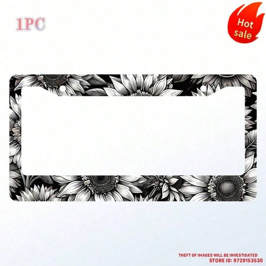 Personalized Black And White Floral Car License Plate Frame, Includes Screws, Suitable For 6X 12.2inch License Plate Holes, Unisex