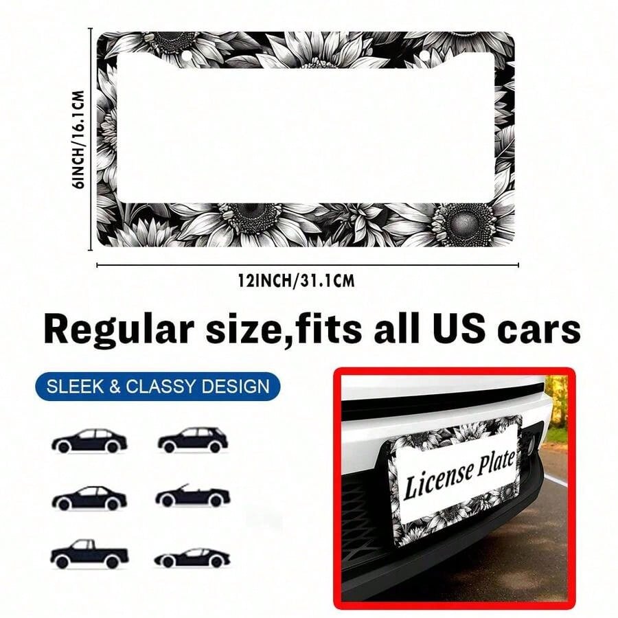 Personalized Black And White Floral Car License Plate Frame, Includes Screws, Suitable For 6X 12.2inch License Plate Holes, Unisex