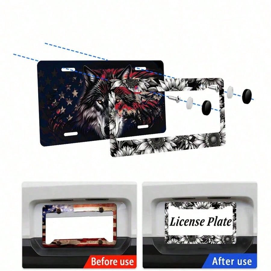 Personalized Black And White Floral Car License Plate Frame, Includes Screws, Suitable For 6X 12.2inch License Plate Holes, Unisex