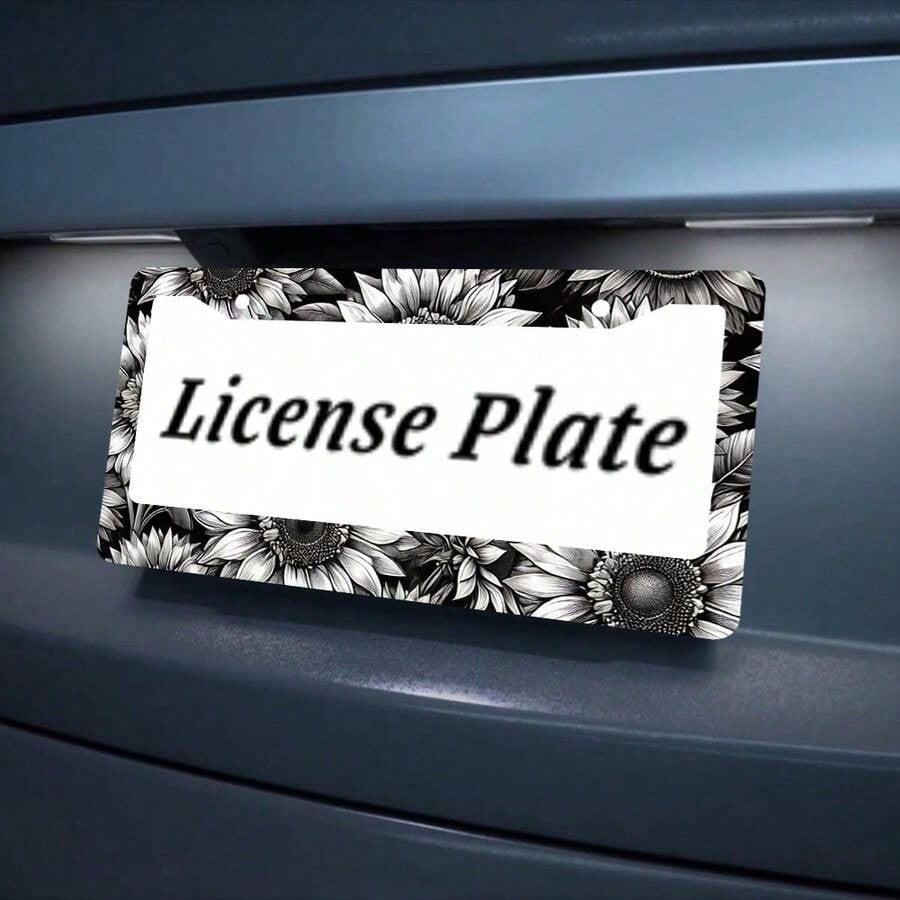 Personalized Black And White Floral Car License Plate Frame, Includes Screws, Suitable For 6X 12.2inch License Plate Holes, Unisex