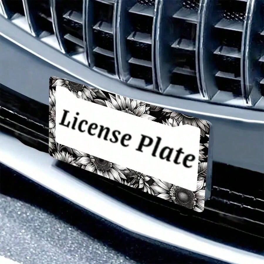 Personalized Black And White Floral Car License Plate Frame, Includes Screws, Suitable For 6X 12.2inch License Plate Holes, Unisex