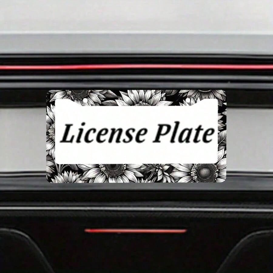Personalized Black And White Floral Car License Plate Frame, Includes Screws, Suitable For 6X 12.2inch License Plate Holes, Unisex