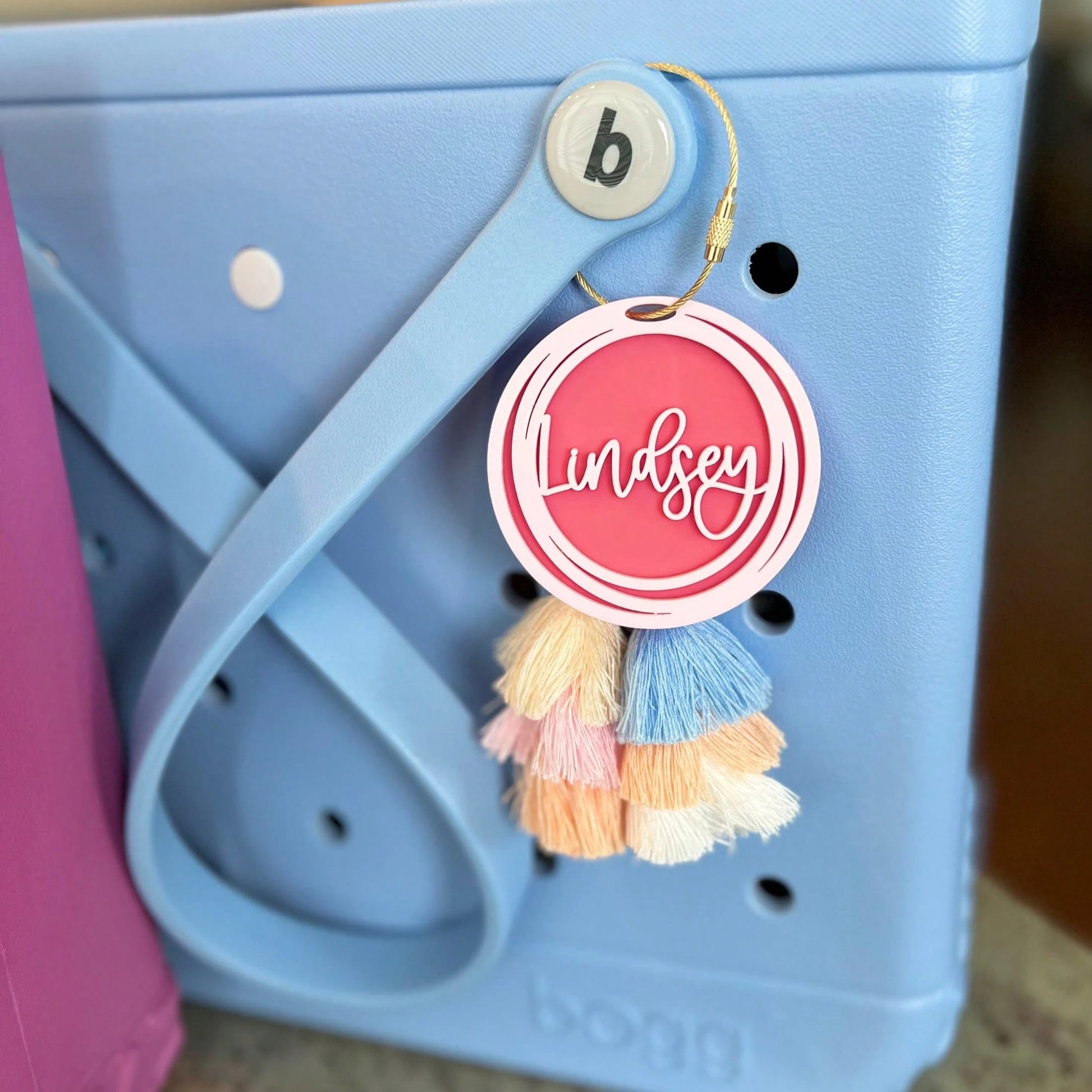 Personalized Initial Bag Charm| Name Beach Tote Tag| Last Name Initial Inside Overlapping Rings| Acrylic Name Keychain| Tassel Beach Accessory
