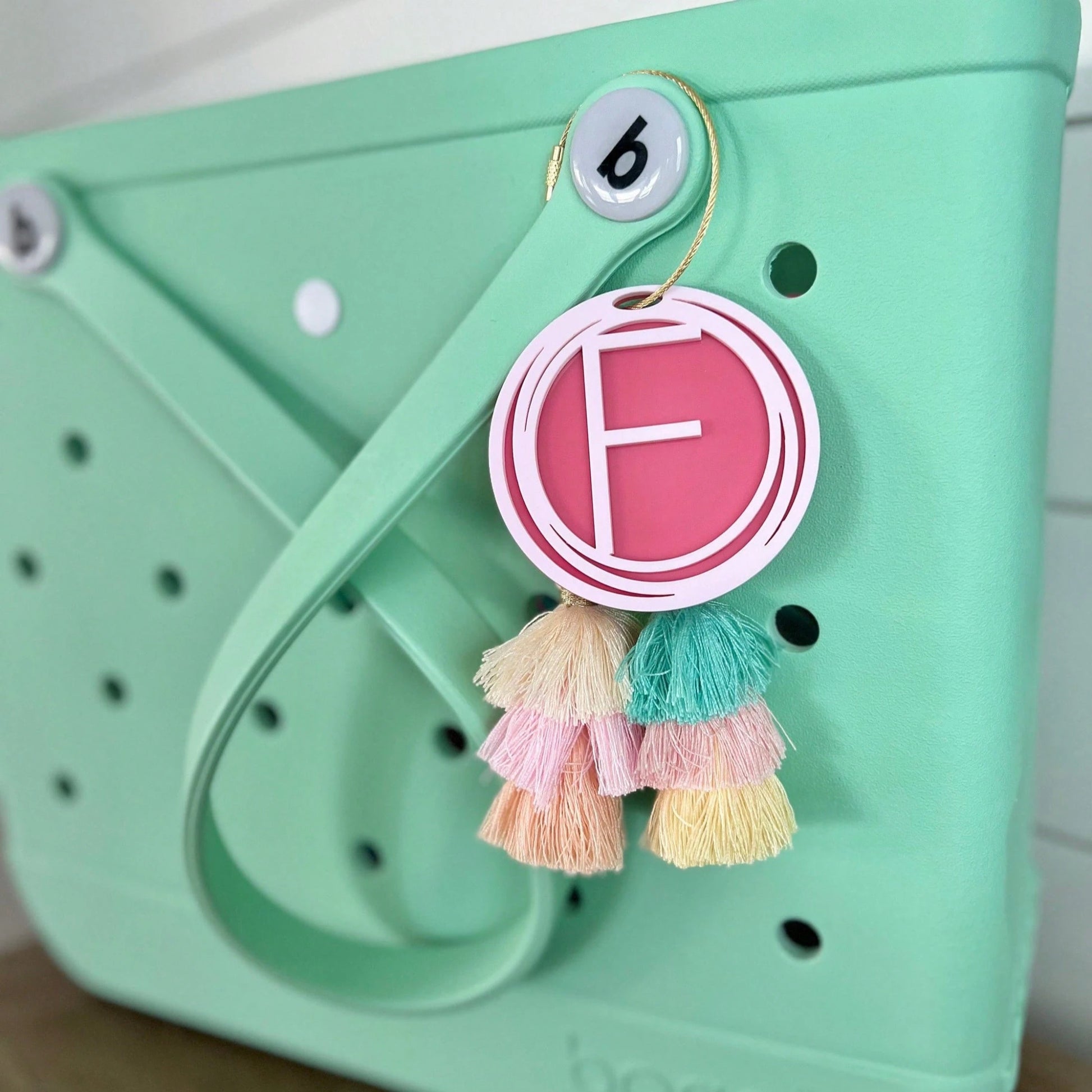 Personalized Initial Bag Charm| Name Beach Tote Tag| Last Name Initial Inside Overlapping Rings| Acrylic Name Keychain| Tassel Beach Accessory