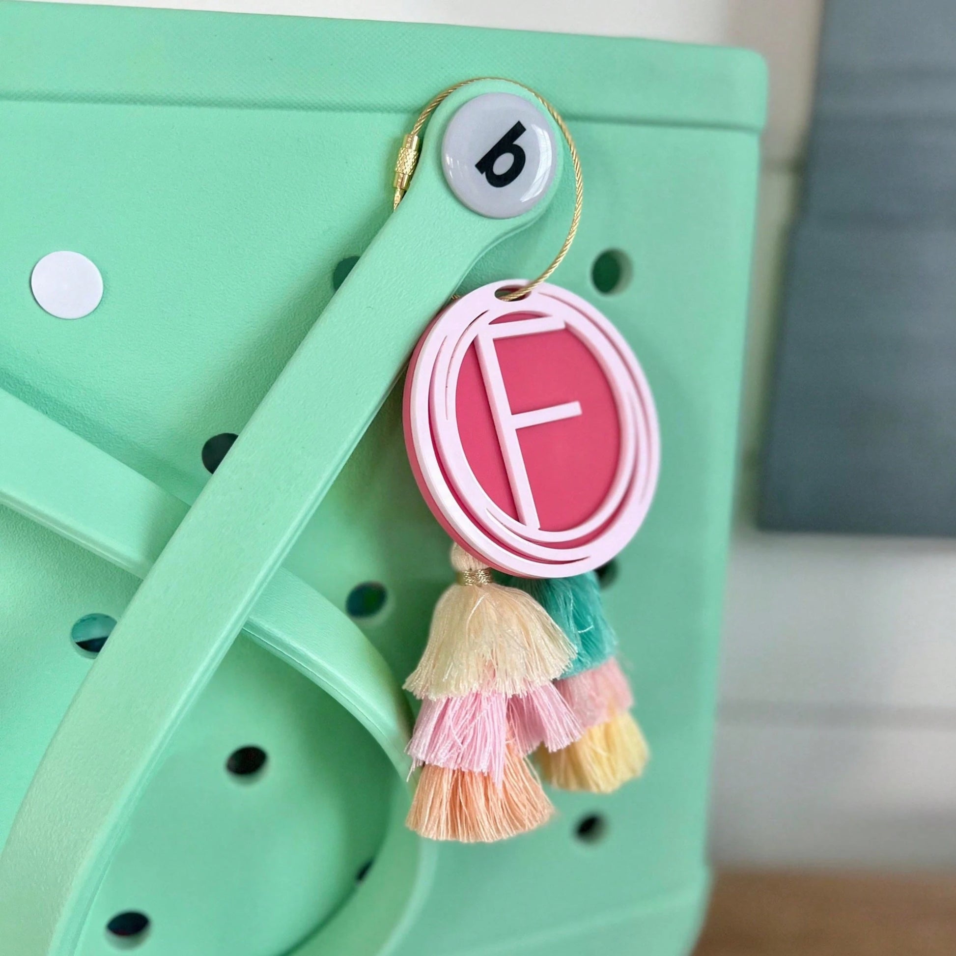 Personalized Initial Bag Charm| Name Beach Tote Tag| Last Name Initial Inside Overlapping Rings| Acrylic Name Keychain| Tassel Beach Accessory