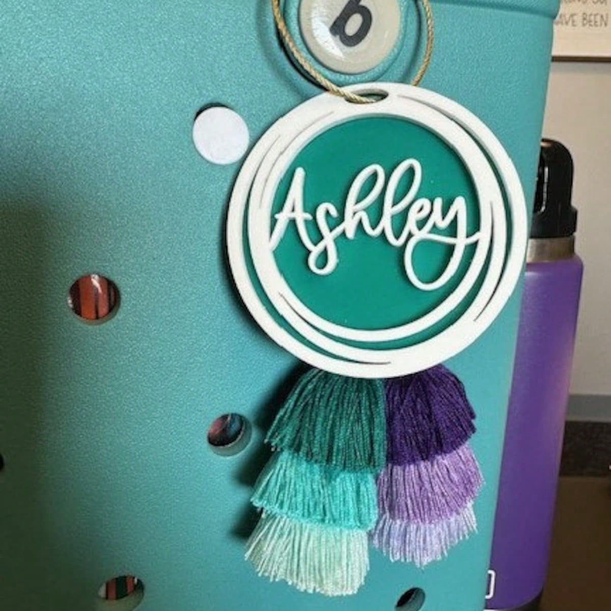 Personalized Initial Bag Charm| Name Beach Tote Tag| Last Name Initial Inside Overlapping Rings| Acrylic Name Keychain| Tassel Beach Accessory