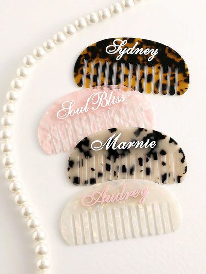 Personalized Women's Hair Fork, Retro Acetate Design With Faux Pearl Textured Leopard Pattern, Name Customization Hair Accessory, Wide Tooth Comb Hair Clip, Bridesmaid Bride Gift, French Hair Comb, Ba