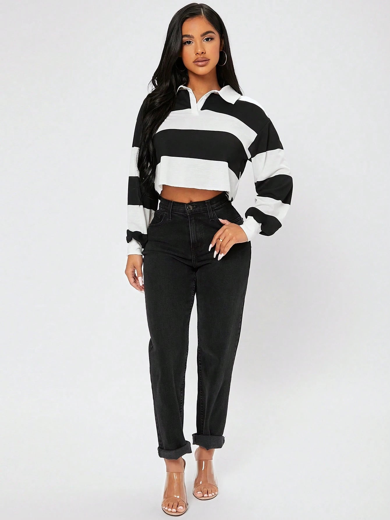 PETITE Half Button Colorblock Drop Shoulder Spring Crop Tee,Petite Women