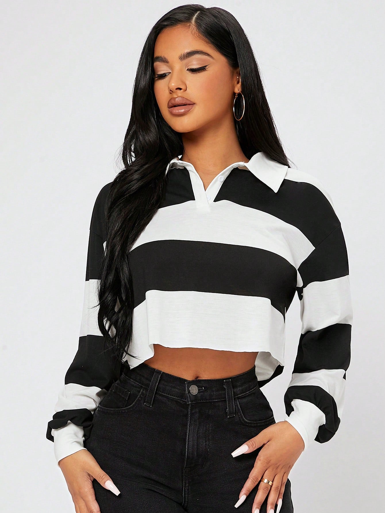 PETITE Half Button Colorblock Drop Shoulder Spring Crop Tee,Petite Women