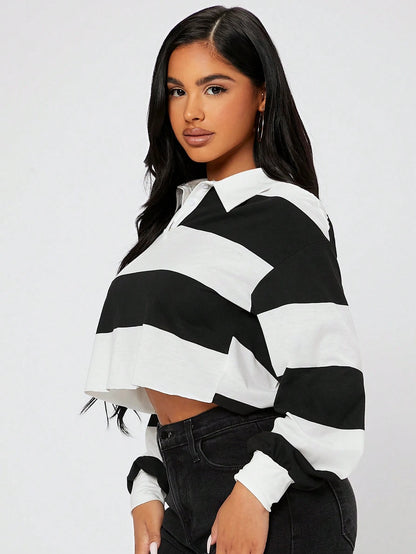 PETITE Half Button Colorblock Drop Shoulder Spring Crop Tee,Petite Women