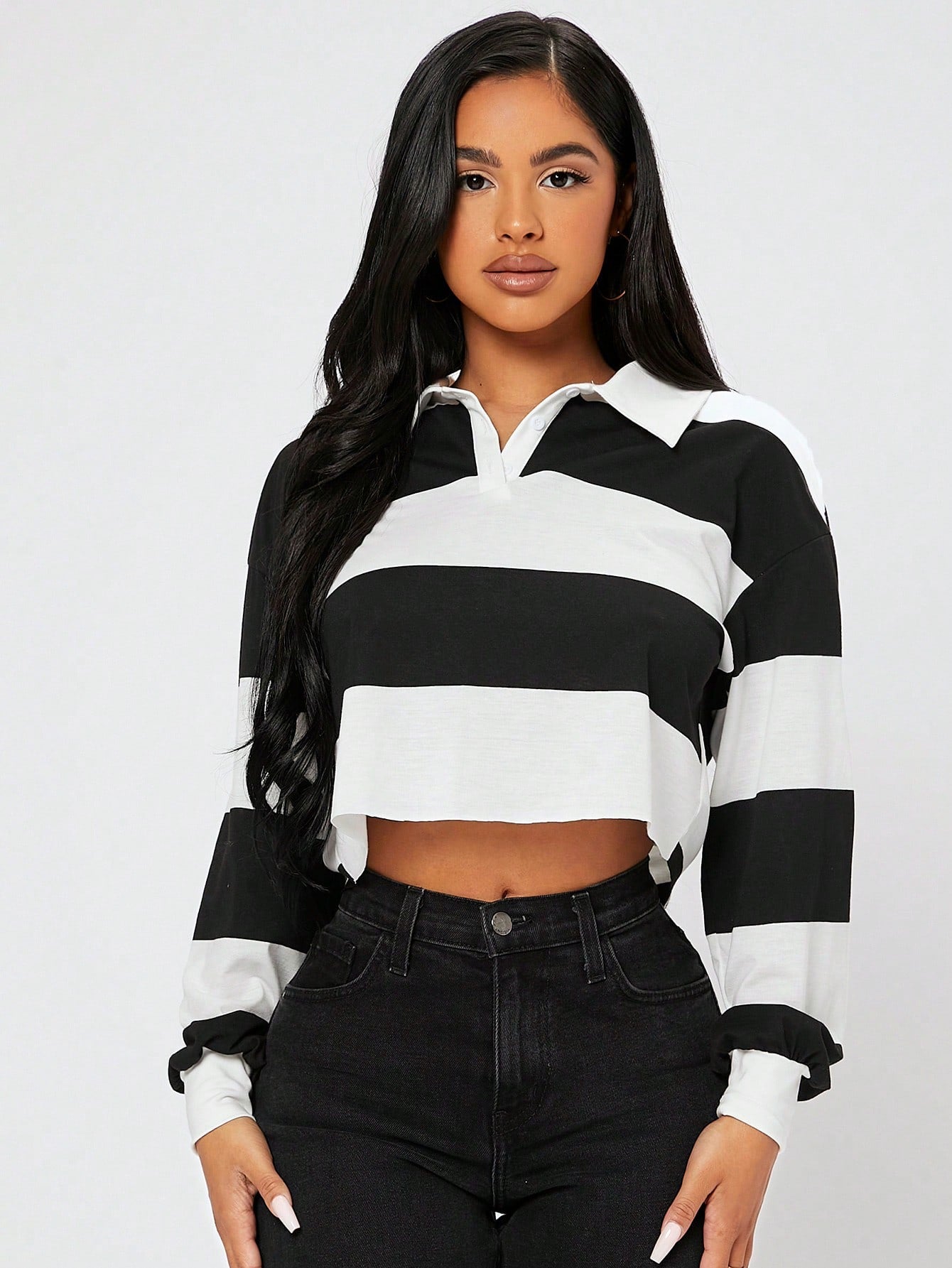 PETITE Half Button Colorblock Drop Shoulder Spring Crop Tee,Petite Women