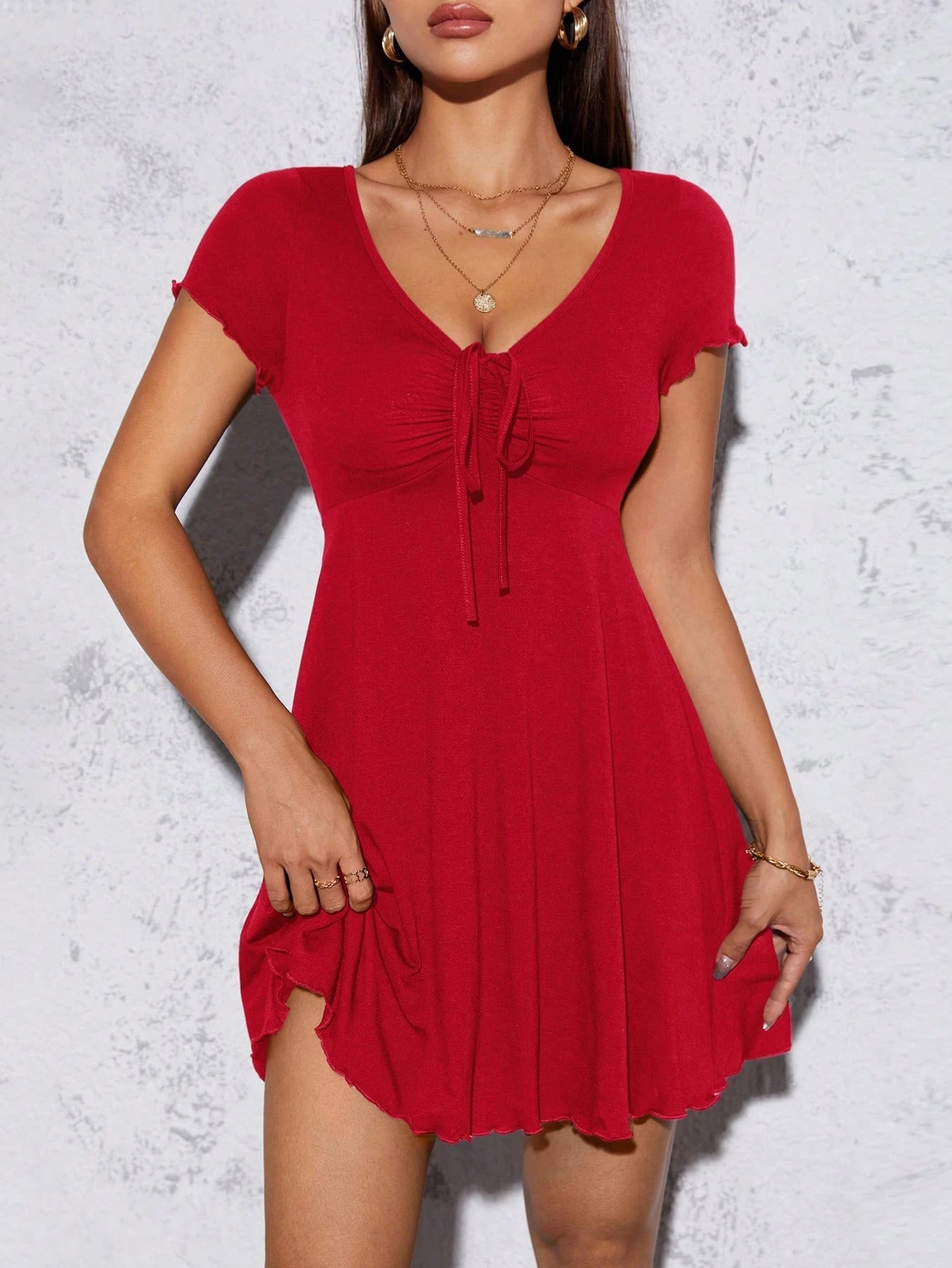 PETITE Lettuce Trim Drawstring Front Dress,Petite Women