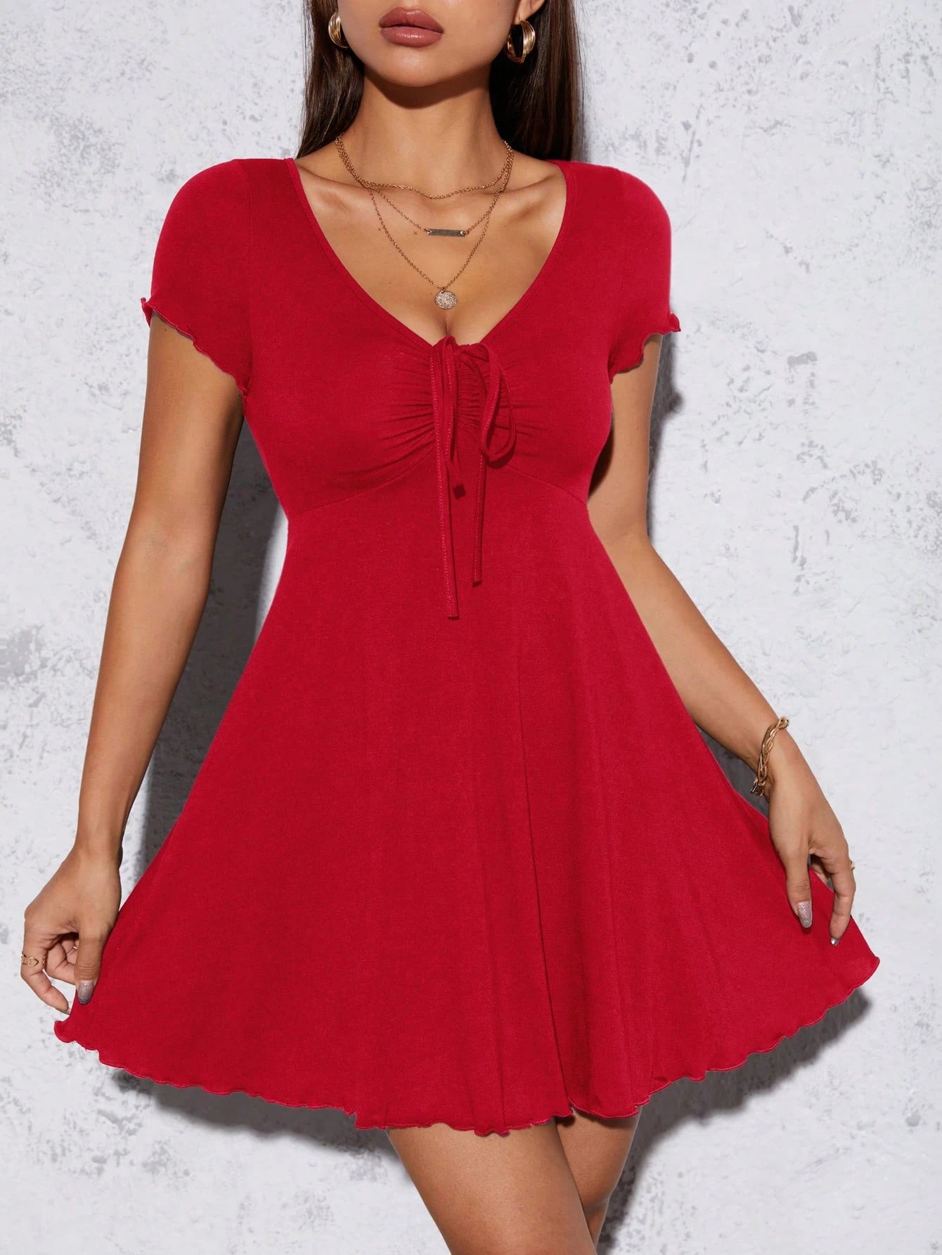 PETITE Lettuce Trim Drawstring Front Dress,Petite Women