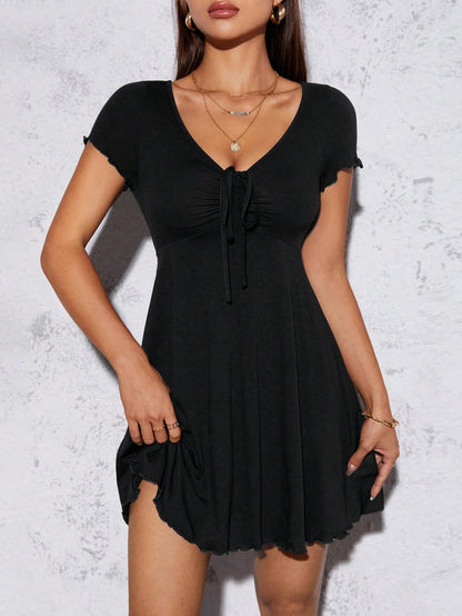 PETITE Lettuce Trim Drawstring Front Dress,Petite Women