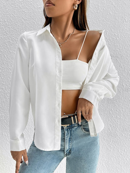 PETITE Solid Button Front Shirt,Long Sleeve Tops,Petite Women
