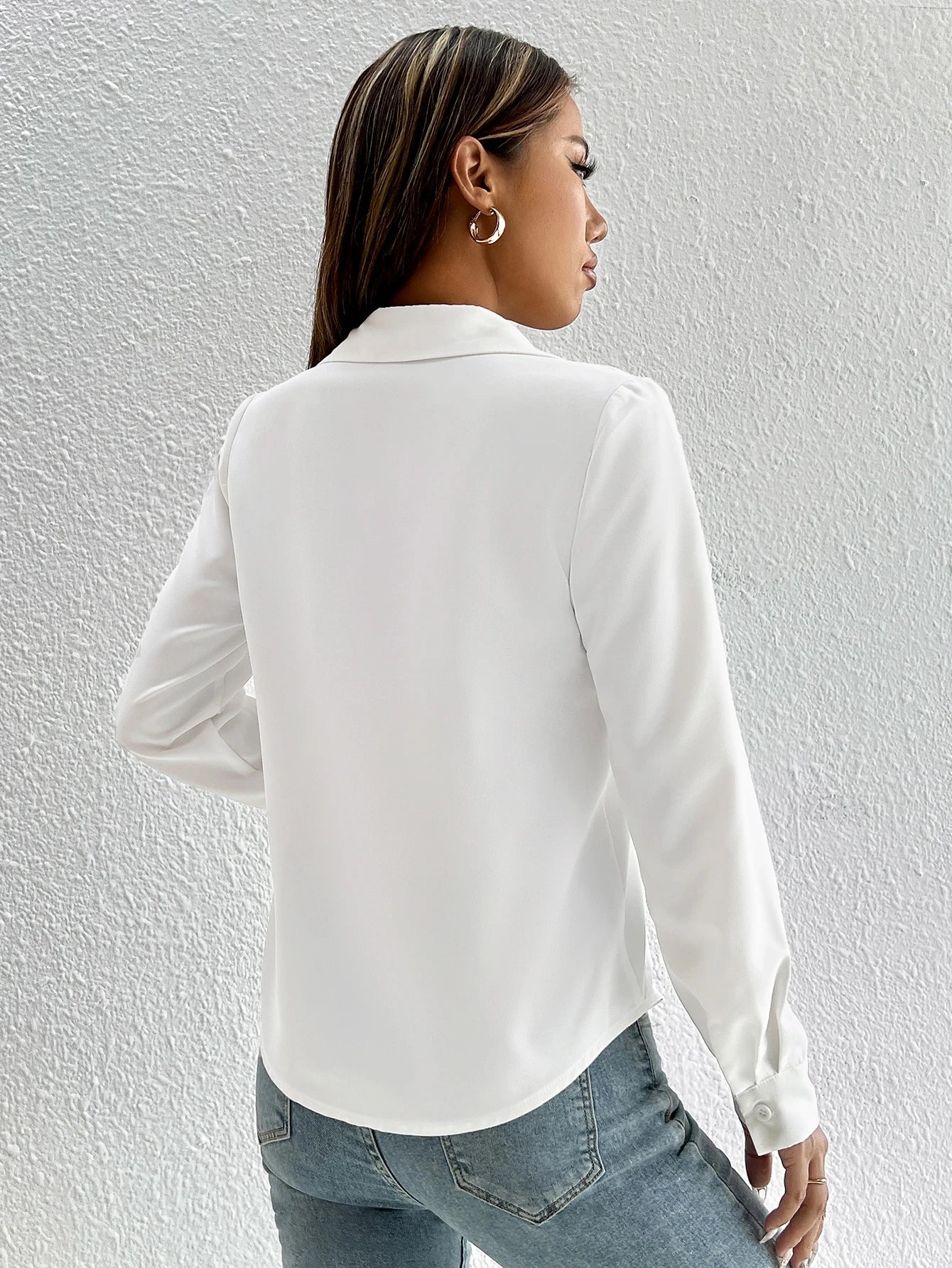 PETITE Solid Button Front Shirt,Long Sleeve Tops,Petite Women