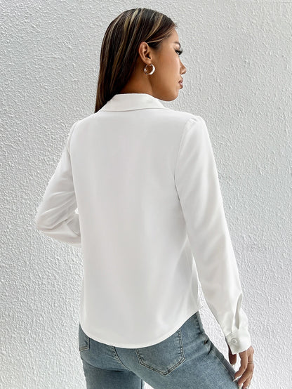 PETITE Solid Button Front Shirt,Long Sleeve Tops,Petite Women