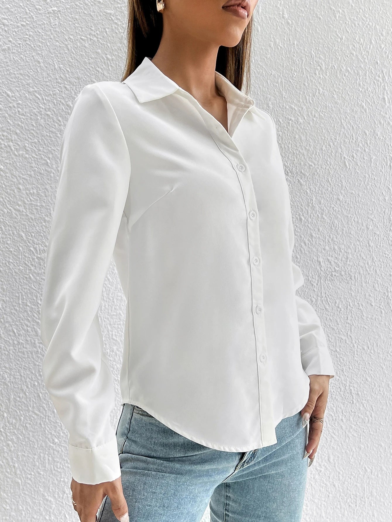 PETITE Solid Button Front Shirt,Long Sleeve Tops,Petite Women