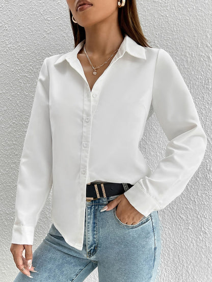 PETITE Solid Button Front Shirt,Long Sleeve Tops,Petite Women