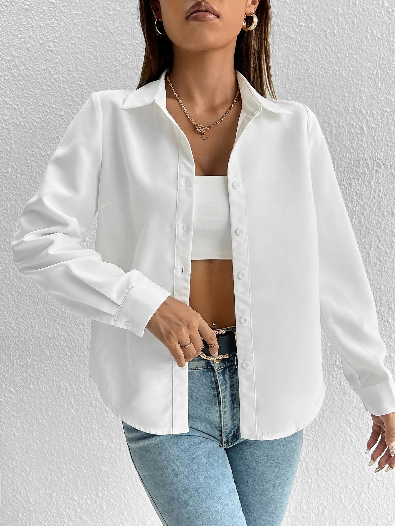 PETITE Solid Button Front Shirt,Long Sleeve Tops,Petite Women