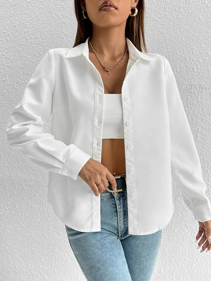 PETITE Solid Button Front Shirt,Long Sleeve Tops,Petite Women