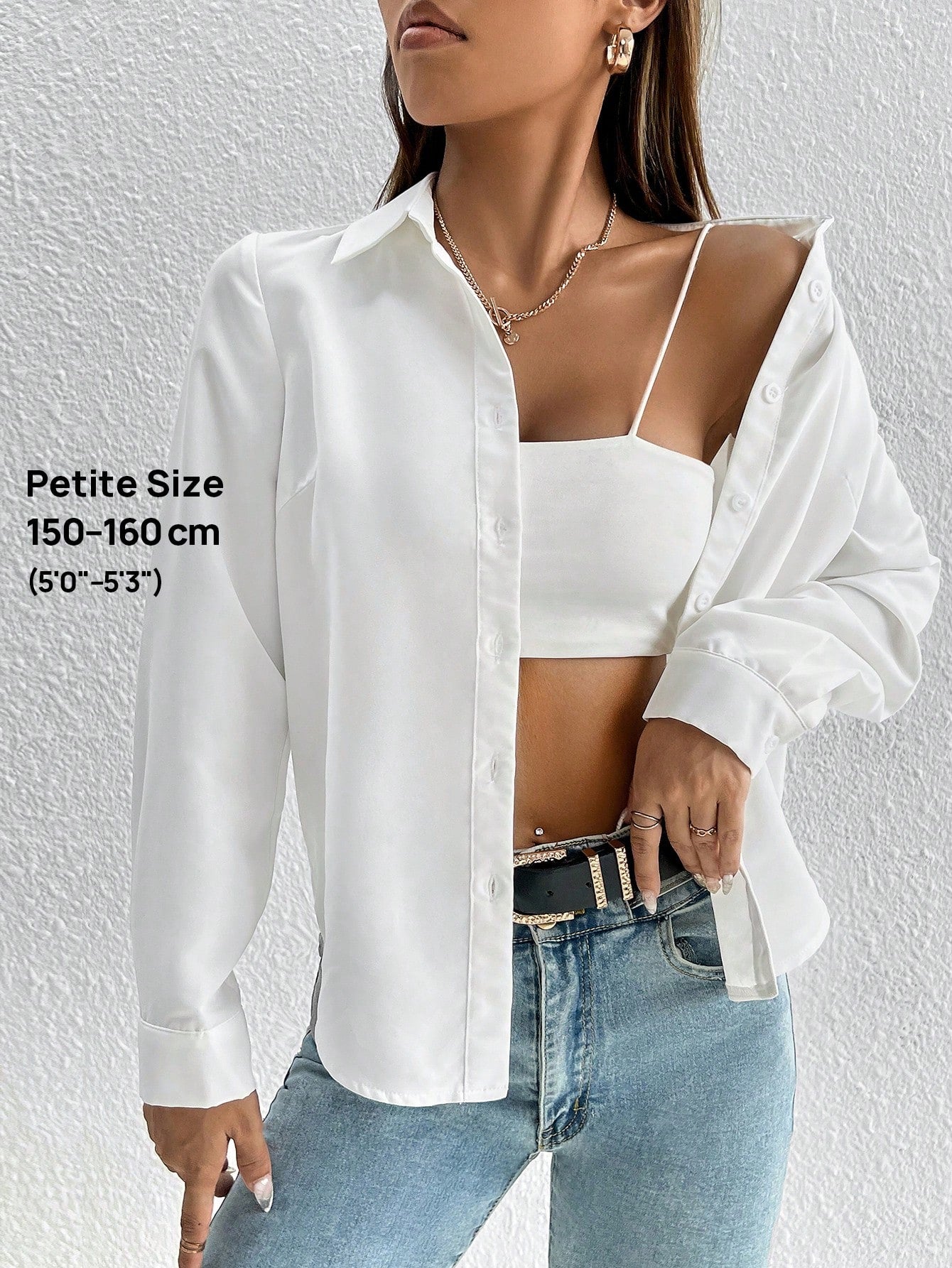 PETITE Solid Button Front Shirt,Long Sleeve Tops,Petite Women
