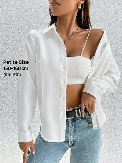 PETITE Solid Button Front Shirt,Long Sleeve Tops,Petite Women