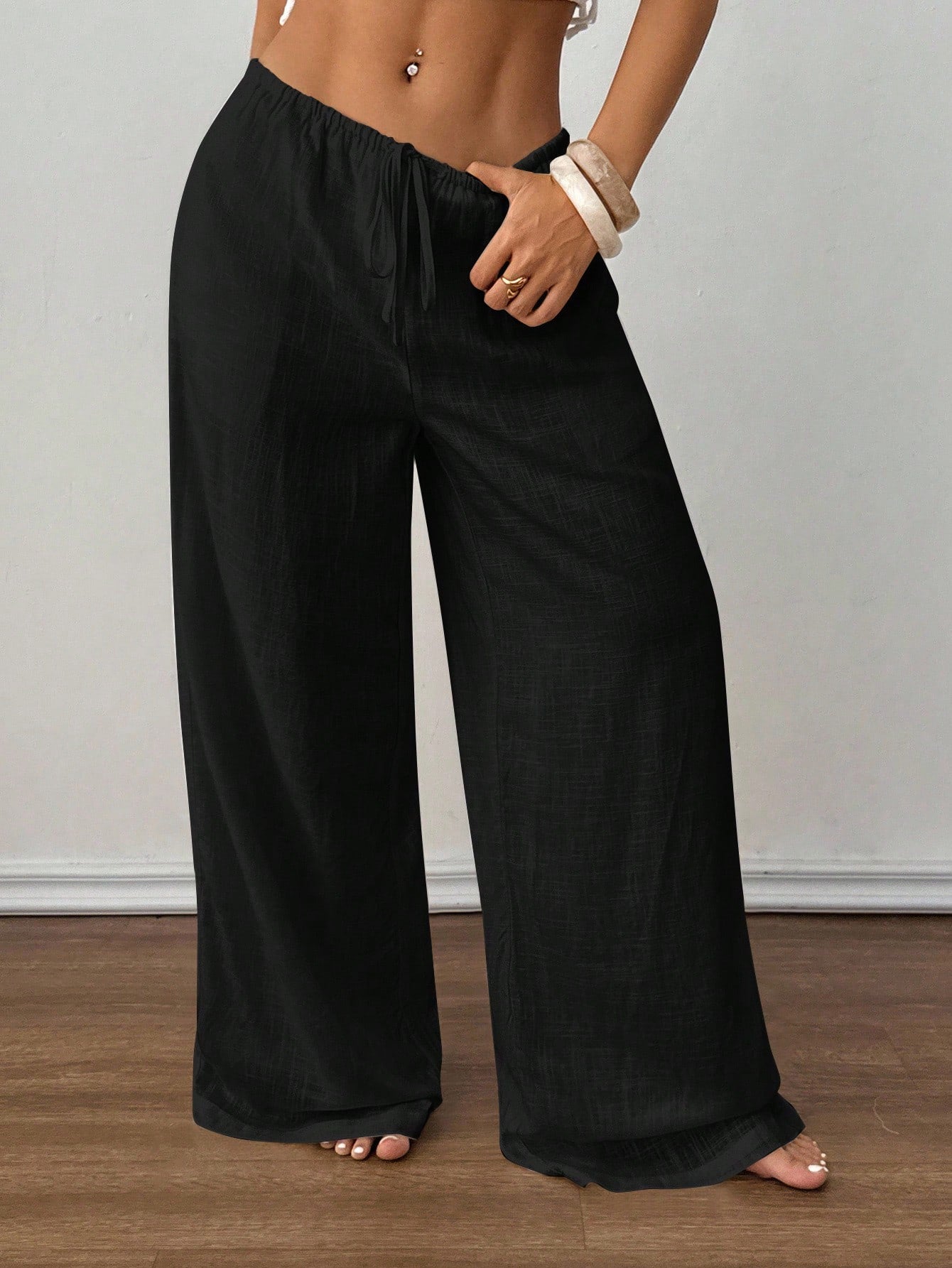 PETITE Spring/Summer Solid Color Low Waist Linen Black Long Pants, Vacation Beach Vacation Long Pants, Loose Black Linen Long Pants Petite Version Casual