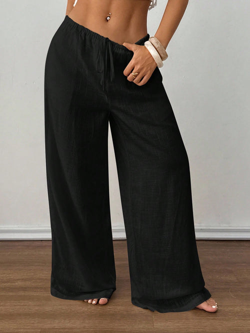 PETITE Spring/Summer Solid Color Low Waist Linen Black Long Pants, Vacation Beach Vacation Long Pants, Loose Black Linen Long Pants Petite Version Casual
