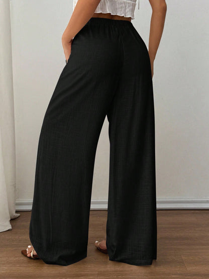 PETITE Spring/Summer Solid Color Low Waist Linen Black Long Pants, Vacation Beach Vacation Long Pants, Loose Black Linen Long Pants Petite Version Casual