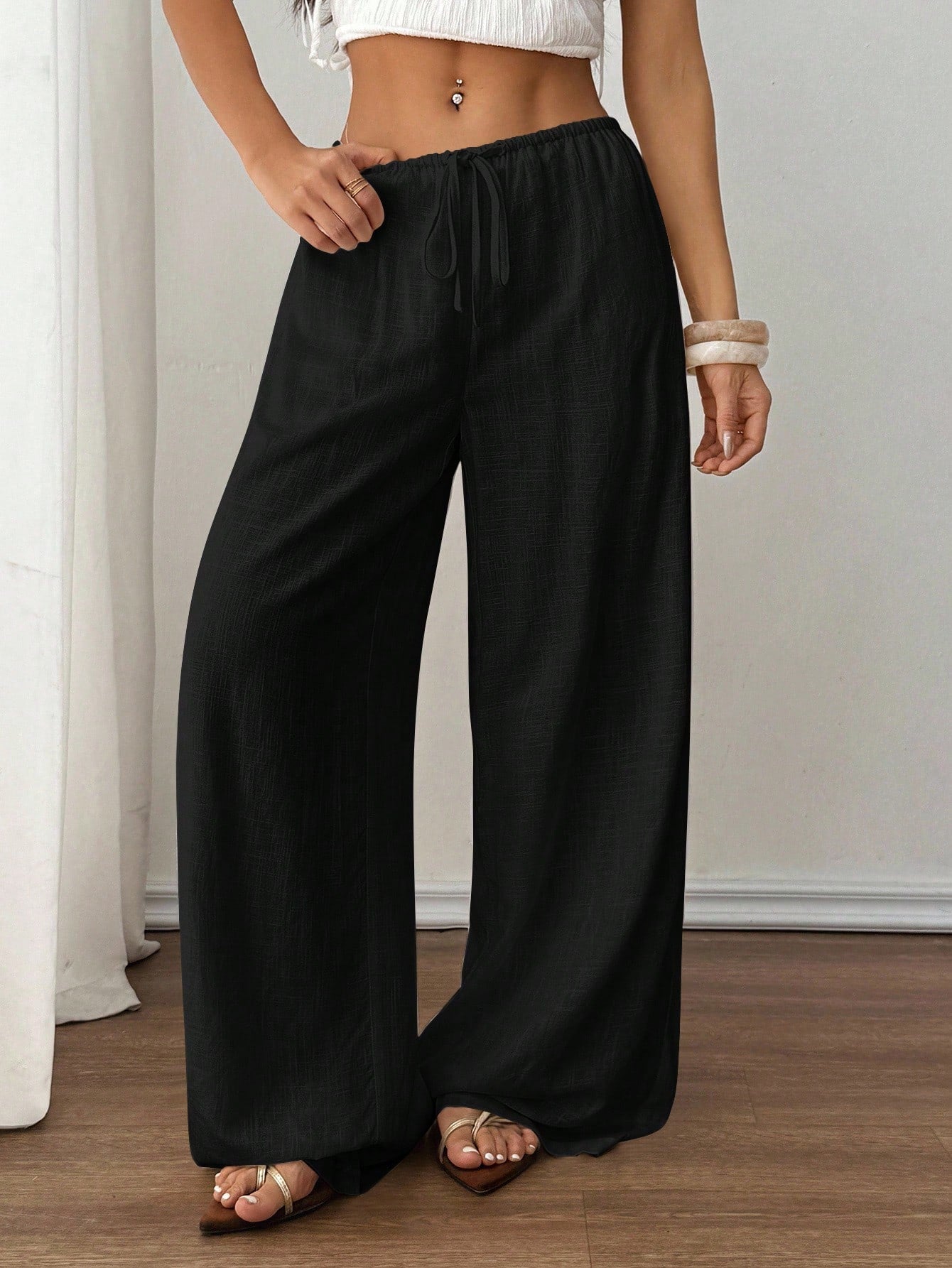 PETITE Spring/Summer Solid Color Low Waist Linen Black Long Pants, Vacation Beach Vacation Long Pants, Loose Black Linen Long Pants Petite Version Casual