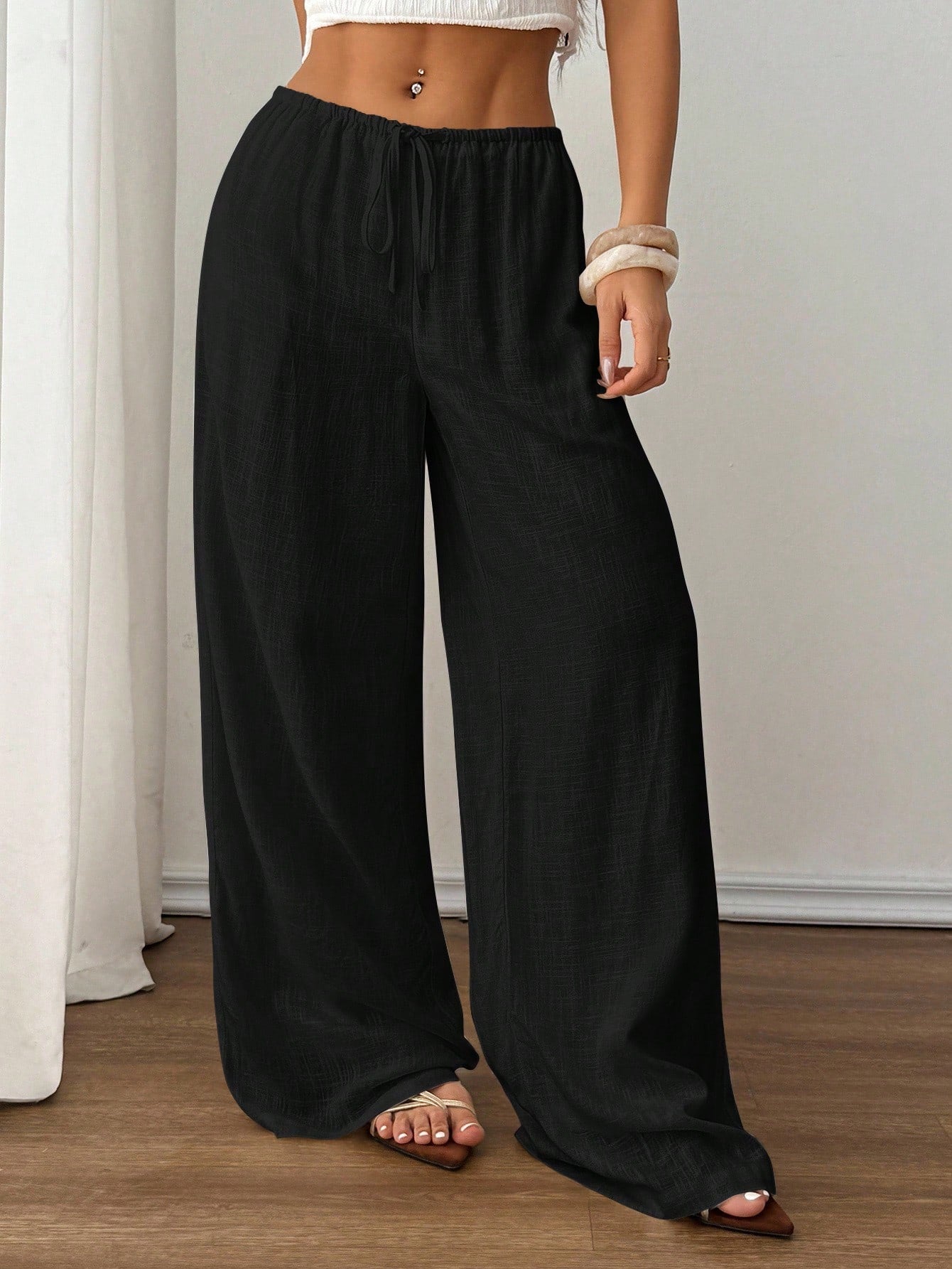 PETITE Spring/Summer Solid Color Low Waist Linen Black Long Pants, Vacation Beach Vacation Long Pants, Loose Black Linen Long Pants Petite Version Casual