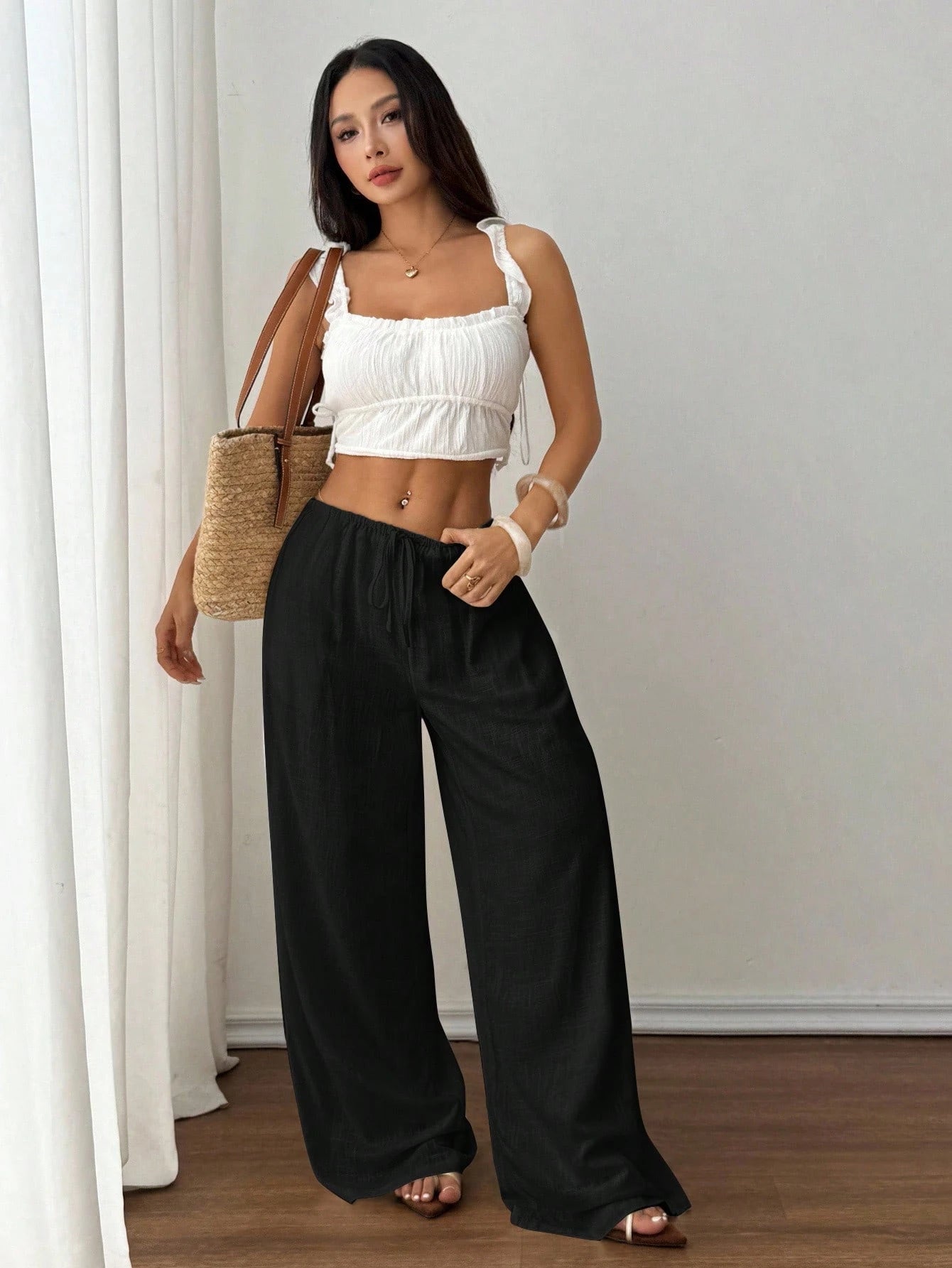 PETITE Spring/Summer Solid Color Low Waist Linen Black Long Pants, Vacation Beach Vacation Long Pants, Loose Black Linen Long Pants Petite Version Casual