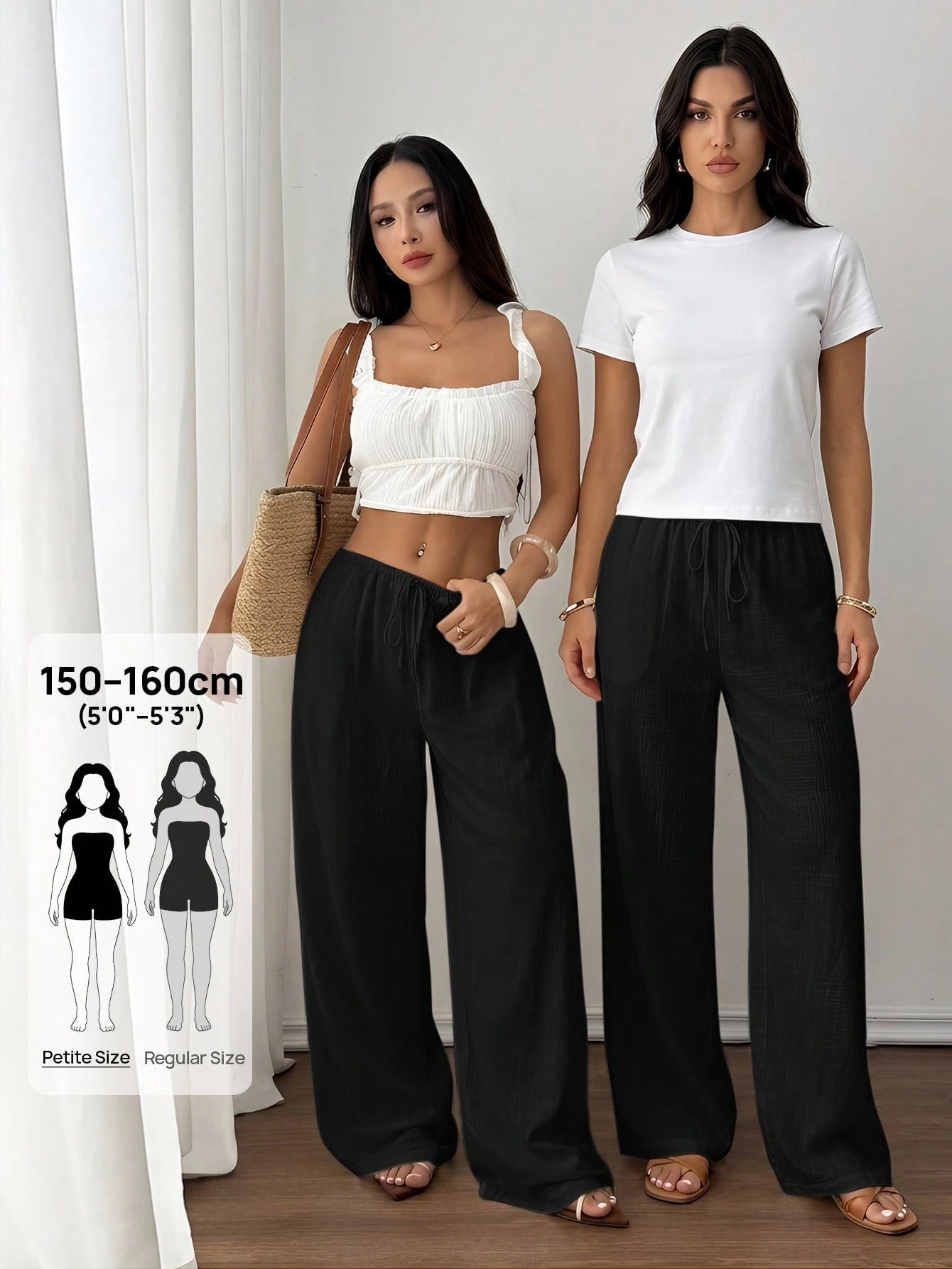 PETITE Spring/Summer Solid Color Low Waist Linen Black Long Pants, Vacation Beach Vacation Long Pants, Loose Black Linen Long Pants Petite Version Casual