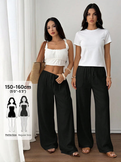PETITE Spring/Summer Solid Color Low Waist Linen Black Long Pants, Vacation Beach Vacation Long Pants, Loose Black Linen Long Pants Petite Version Casual