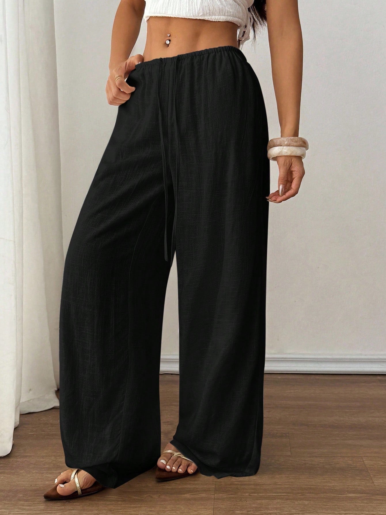 PETITE Spring/Summer Solid Color Low Waist Linen Black Long Pants, Vacation Beach Vacation Long Pants, Loose Black Linen Long Pants Petite Version Casual