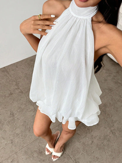 PETITE Women's Elegant Romantic Jacquard Fabric Halter Neck Tie Mini Dress, Party Vacation Date Outfit, Autumn/Winter Spring/Summer, Wedding White