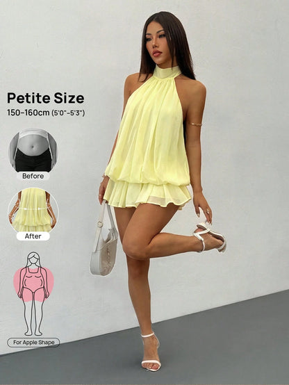 PETITE Women's Elegant Romantic Jacquard Fabric Halter Neck Tie Mini Dress, Party Vacation Date Outfit, Autumn/Winter Spring/Summer, Wedding White