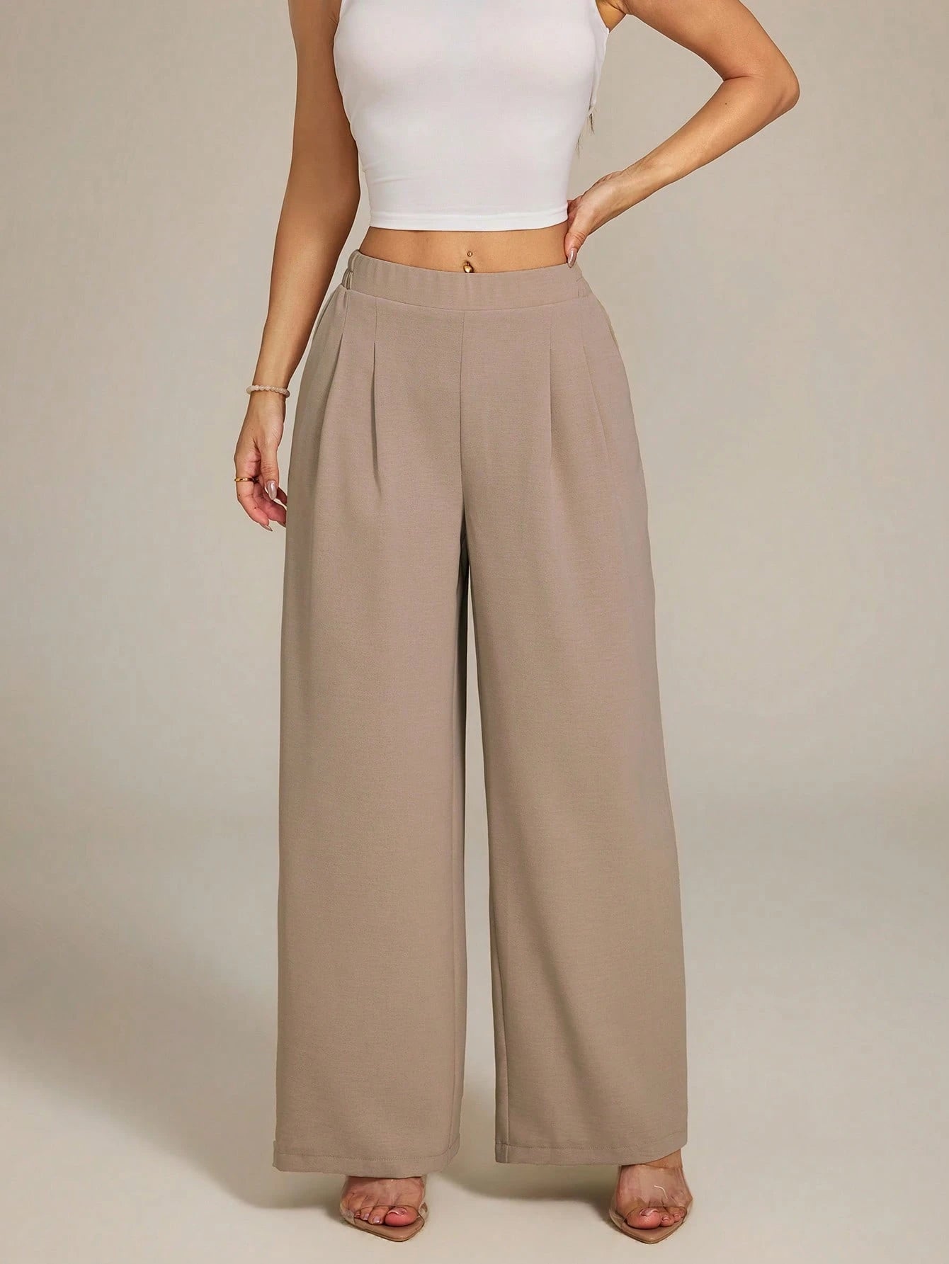 PETITE Women's High-Waist Solid Color Pleated Wide Leg Loose Basic Casual Pants Autumn,Petite Women Teachers' Day Office Work Khaki