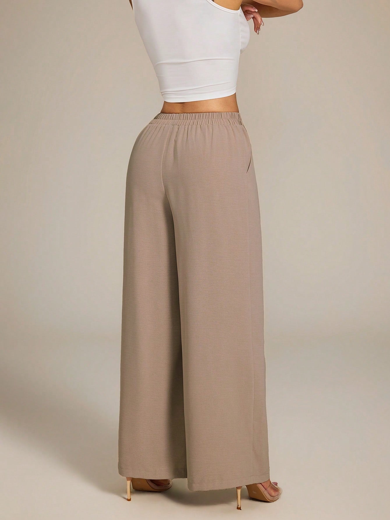 PETITE Women's High-Waist Solid Color Pleated Wide Leg Loose Basic Casual Pants Autumn,Petite Women Teachers' Day Office Work Khaki