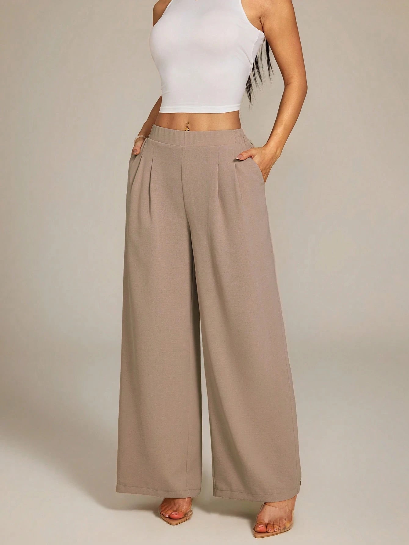 PETITE Women's High-Waist Solid Color Pleated Wide Leg Loose Basic Casual Pants Autumn,Petite Women Teachers' Day Office Work Khaki