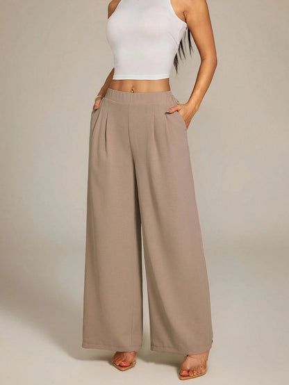 PETITE Women's High-Waist Solid Color Pleated Wide Leg Loose Basic Casual Pants Autumn,Petite Women Teachers' Day Office Work Khaki