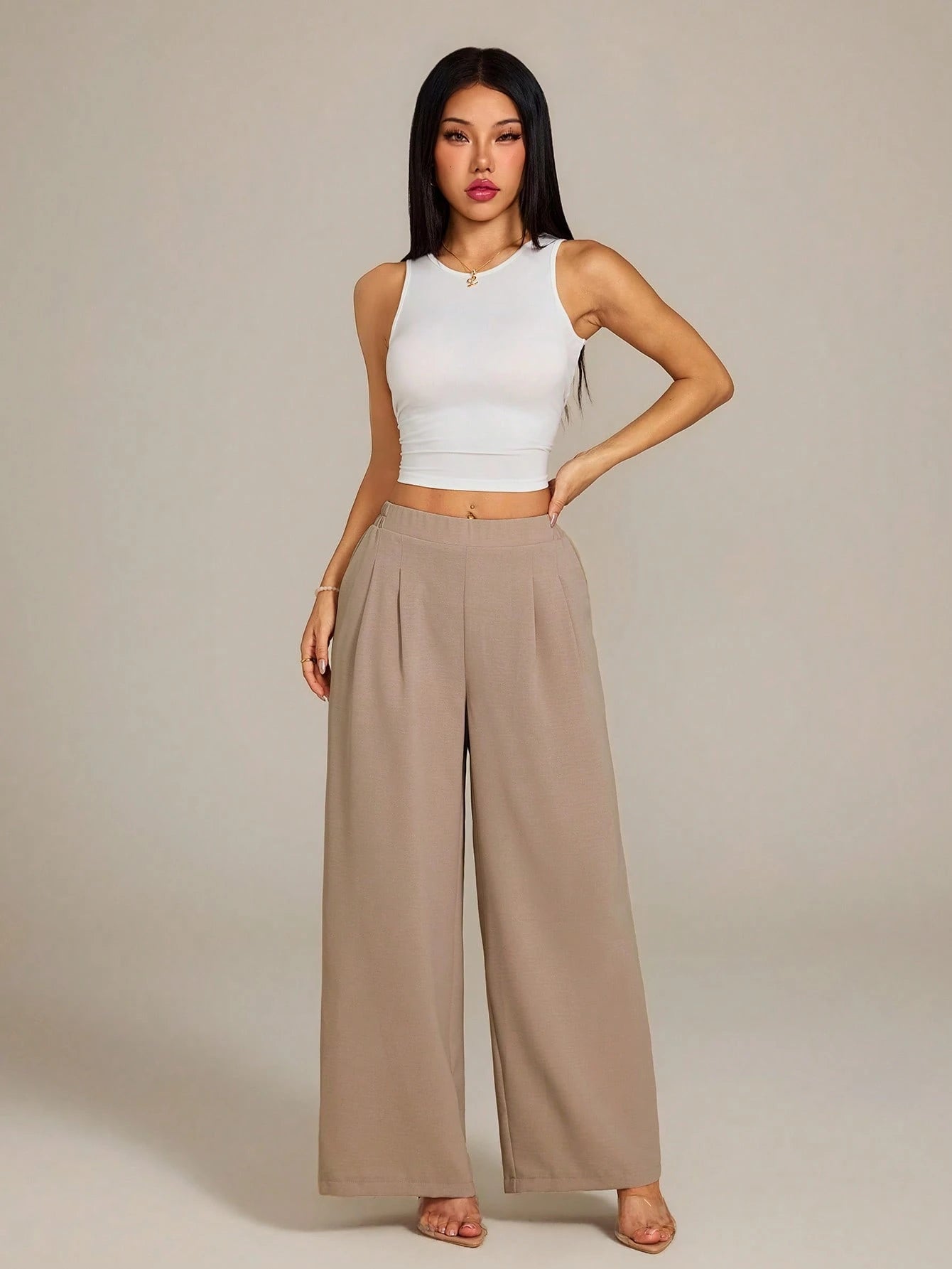 PETITE Women's High-Waist Solid Color Pleated Wide Leg Loose Basic Casual Pants Autumn,Petite Women Teachers' Day Office Work Khaki