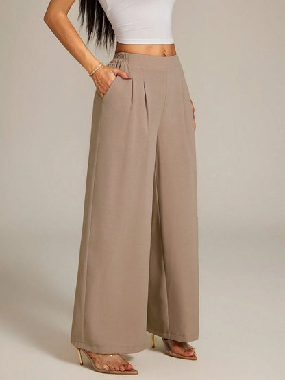 PETITE Women's High-Waist Solid Color Pleated Wide Leg Loose Basic Casual Pants Autumn,Petite Women Teachers' Day Office Work Khaki