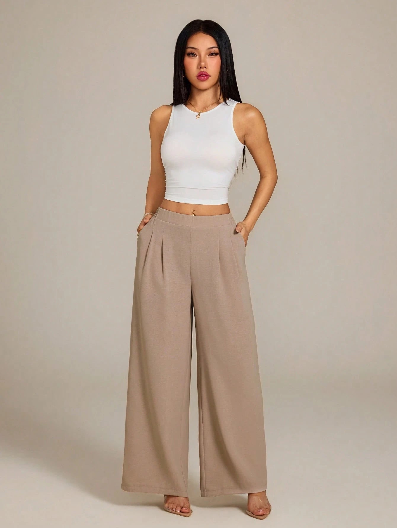 PETITE Women's High-Waist Solid Color Pleated Wide Leg Loose Basic Casual Pants Autumn,Petite Women Teachers' Day Office Work Khaki