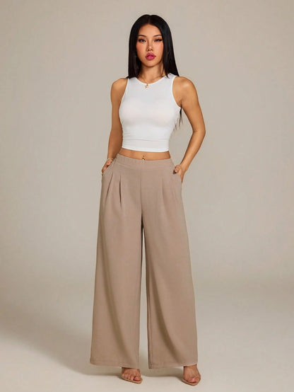 PETITE Women's High-Waist Solid Color Pleated Wide Leg Loose Basic Casual Pants Autumn,Petite Women Teachers' Day Office Work Khaki