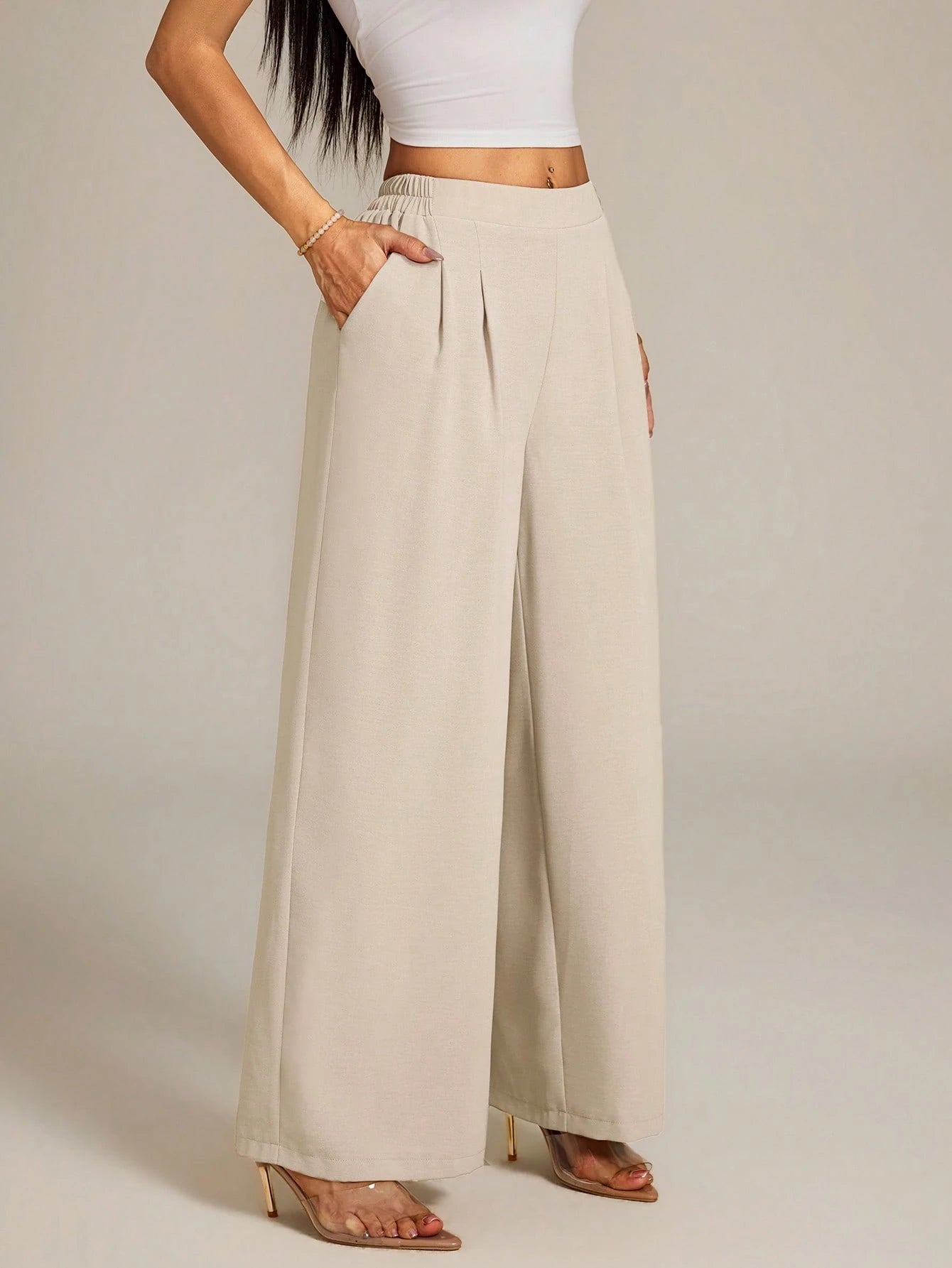 PETITE Women's High-Waist Solid Color Pleated Wide Leg Loose Basic Casual Pants Autumn,Petite Women Teachers' Day Office Work Khaki