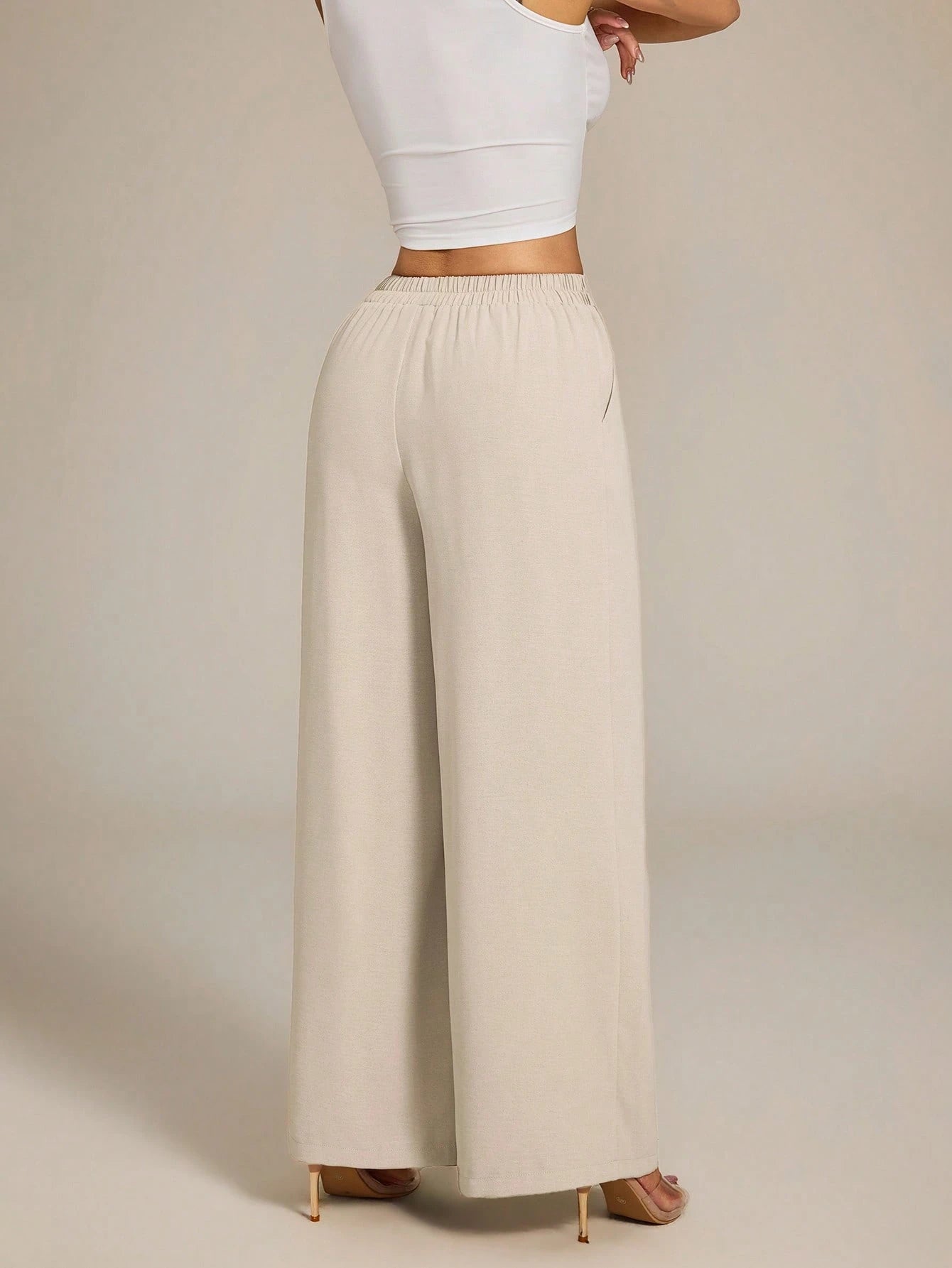 PETITE Women's High-Waist Solid Color Pleated Wide Leg Loose Basic Casual Pants Autumn,Petite Women Teachers' Day Office Work Khaki