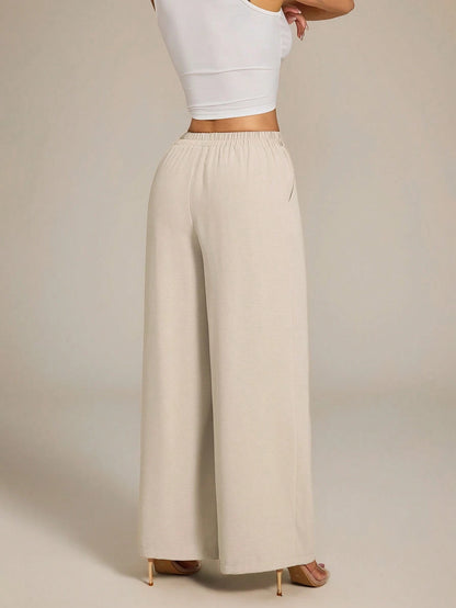PETITE Women's High-Waist Solid Color Pleated Wide Leg Loose Basic Casual Pants Autumn,Petite Women Teachers' Day Office Work Khaki